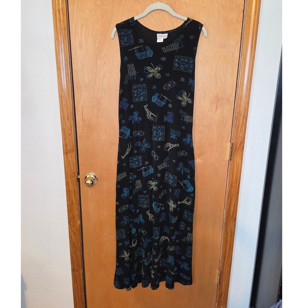Vintage Coldwater Creek Black Novelty Animal Print Sleeveless Maxi Dress Giraffe